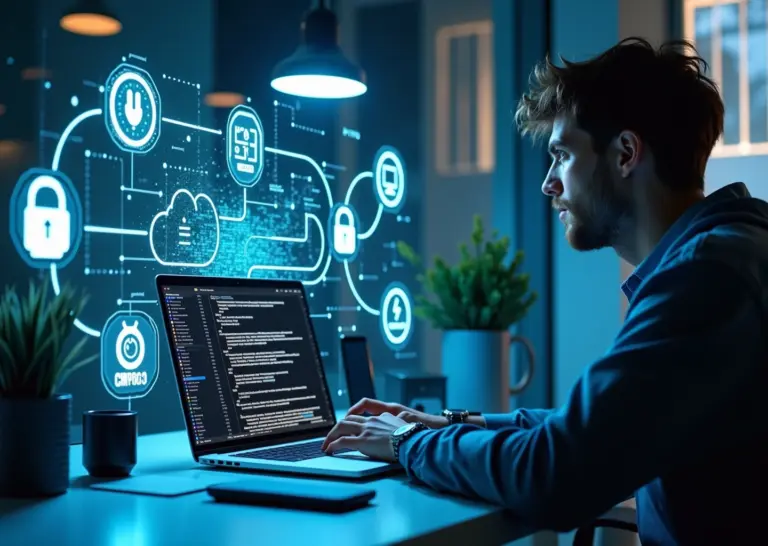 Современное рабочее место IT-фрилансера с элементами искусственного интеллекта, блокчейна и облачных технологий