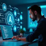 Современный рабочий стол разработчика с кодом AI-ассистента и символами монетизации