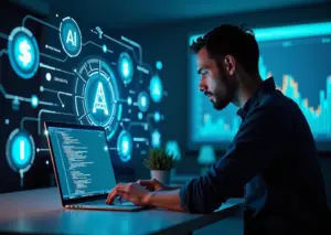 Современный рабочий стол разработчика с кодом AI-ассистента и символами монетизации
