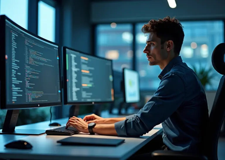 Профессиональный IT-специалист проводит онлайн-консультацию в современном офисе с несколькими экранами, демонстрируя экспертные знания и цифровое взаимодействие