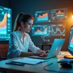 Современная цифровая образовательная среда с разработчиком IT-продукта, диаграммами рынка и учебными иконками