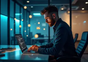 ИТ специалист работает с открытым исходным кодом в современном офисе с символами монетизации и фриланса