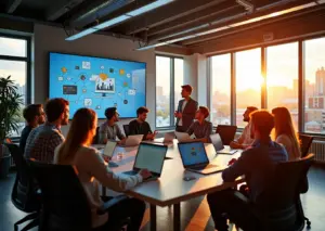 Предприниматели IT-стартапа презентуют проекты инвесторам на фоне современного российского города