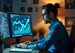 IT-специалист работает за компьютером, анализируя идеи для pet-проекта с коммерческим потенциалом.