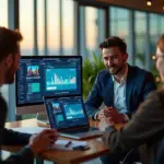 IT-специалист демонстрирует портфолио с проектами клиенту и инвестору в офисе