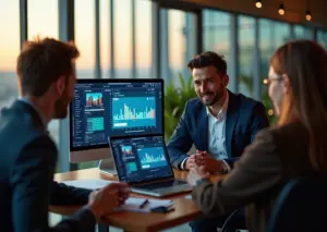 IT-специалист демонстрирует портфолио с проектами клиенту и инвестору в офисе