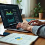 IT‑блогер за ноутбуком с аналитикой, партнёрскими ссылками и заметками по монетизации в рабочем пространстве