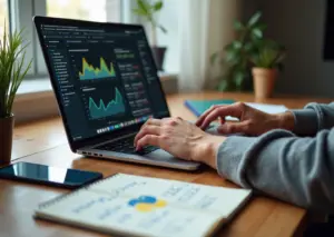 IT‑блогер за ноутбуком с аналитикой, партнёрскими ссылками и заметками по монетизации в рабочем пространстве