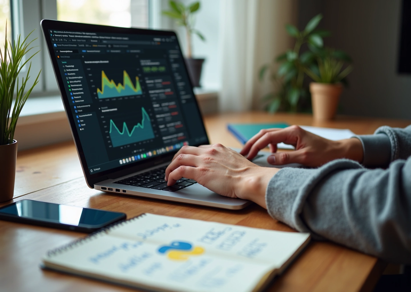 IT‑блогер за ноутбуком с аналитикой, партнёрскими ссылками и заметками по монетизации в рабочем пространстве