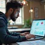 Разработчик за ноутбуком в коворкинге показывает графики и посадочную страницу, рядом иконки GitHub, Telegram и Product Hunt