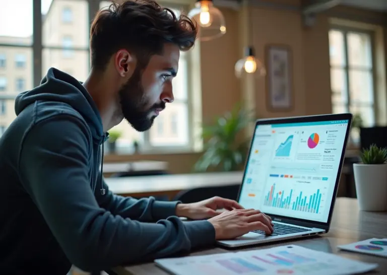 Разработчик за ноутбуком в коворкинге показывает графики и посадочную страницу, рядом иконки GitHub, Telegram и Product Hunt