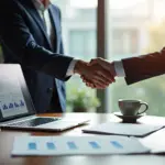 IT‑специалист показывает коммерческое предложение представителю компании: ноутбук с открытым PDF, распечатанный документ с графиками, рукопожатие в офисе