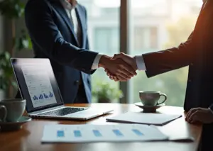 IT‑специалист показывает коммерческое предложение представителю компании: ноутбук с открытым PDF, распечатанный документ с графиками, рукопожатие в офисе