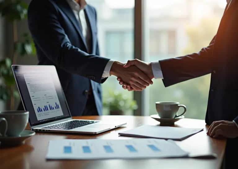 IT‑специалист показывает коммерческое предложение представителю компании: ноутбук с открытым PDF, распечатанный документ с графиками, рукопожатие в офисе