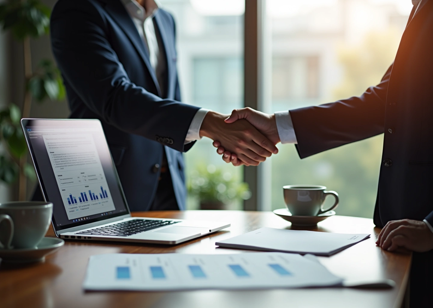IT‑специалист показывает коммерческое предложение представителю компании: ноутбук с открытым PDF, распечатанный документ с графиками, рукопожатие в офисе