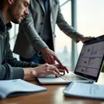 Фрилансер и клиент обсуждают смету и сроки за ноутбуком в светлом офисе, документы с ценами и дорожная карта на столе