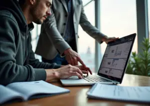 Фрилансер и клиент обсуждают смету и сроки за ноутбуком в светлом офисе, документы с ценами и дорожная карта на столе