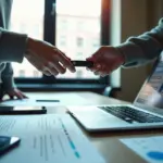 IT‑специалист передаёт данные и документы при продаже Pet‑проекта: ноутбук с сайтами Acquire и Flippa, пакет бумаг и мобильный чат переговоров