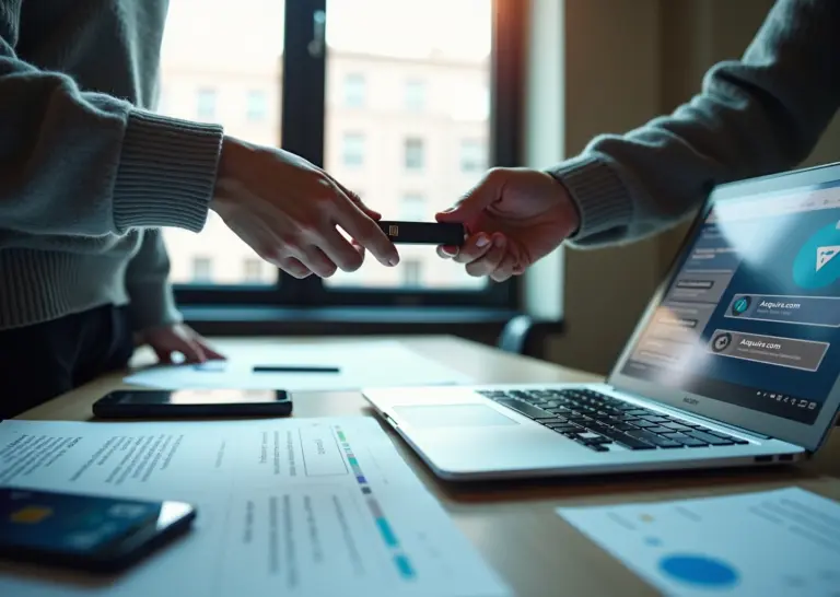 IT‑специалист передаёт данные и документы при продаже Pet‑проекта: ноутбук с сайтами Acquire и Flippa, пакет бумаг и мобильный чат переговоров