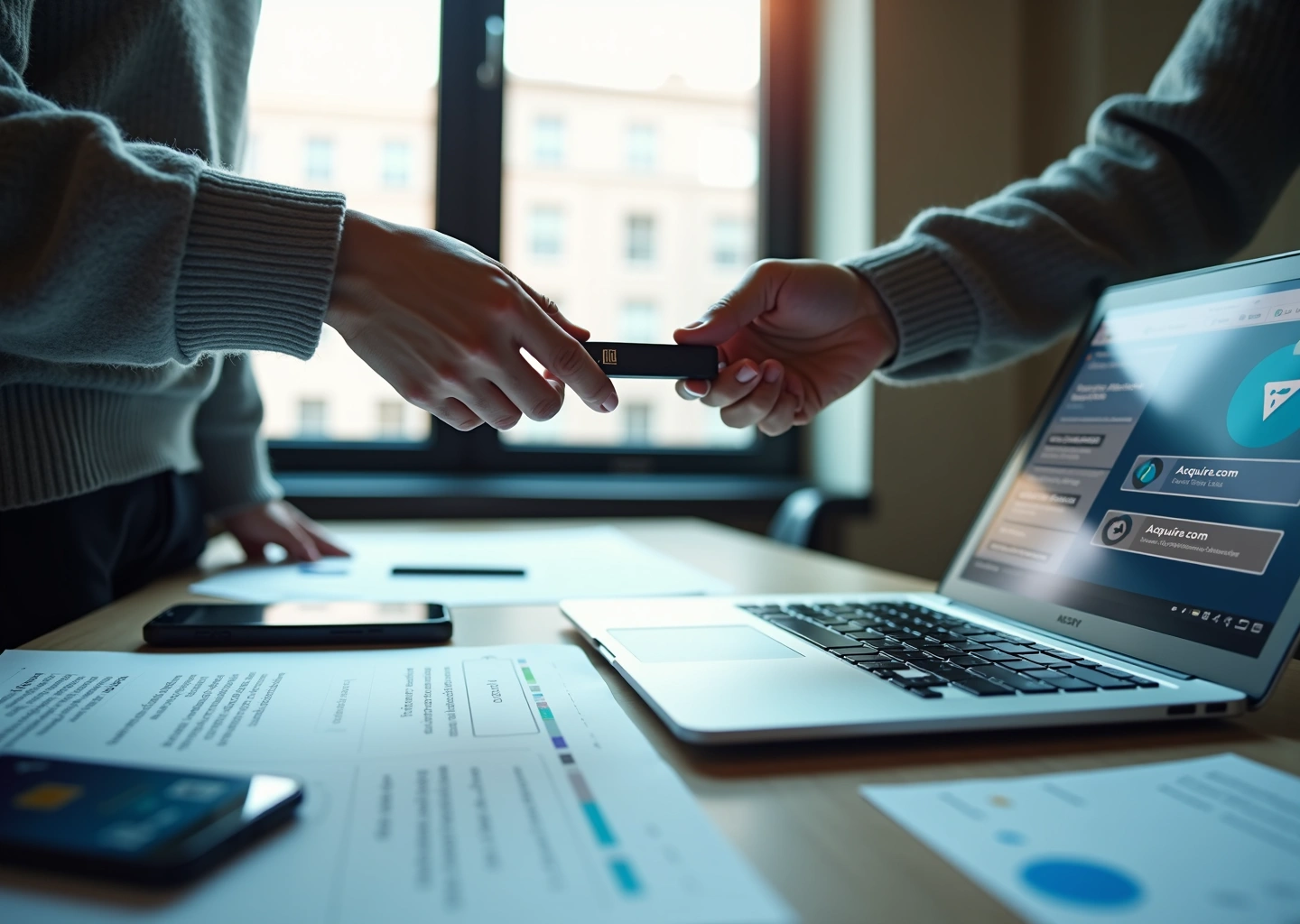 IT‑специалист передаёт данные и документы при продаже Pet‑проекта: ноутбук с сайтами Acquire и Flippa, пакет бумаг и мобильный чат переговоров