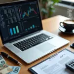 Рабочее место IT‑фрилансера: ноутбук со расчётами ставок, калькулятор, договор и чашка кофе