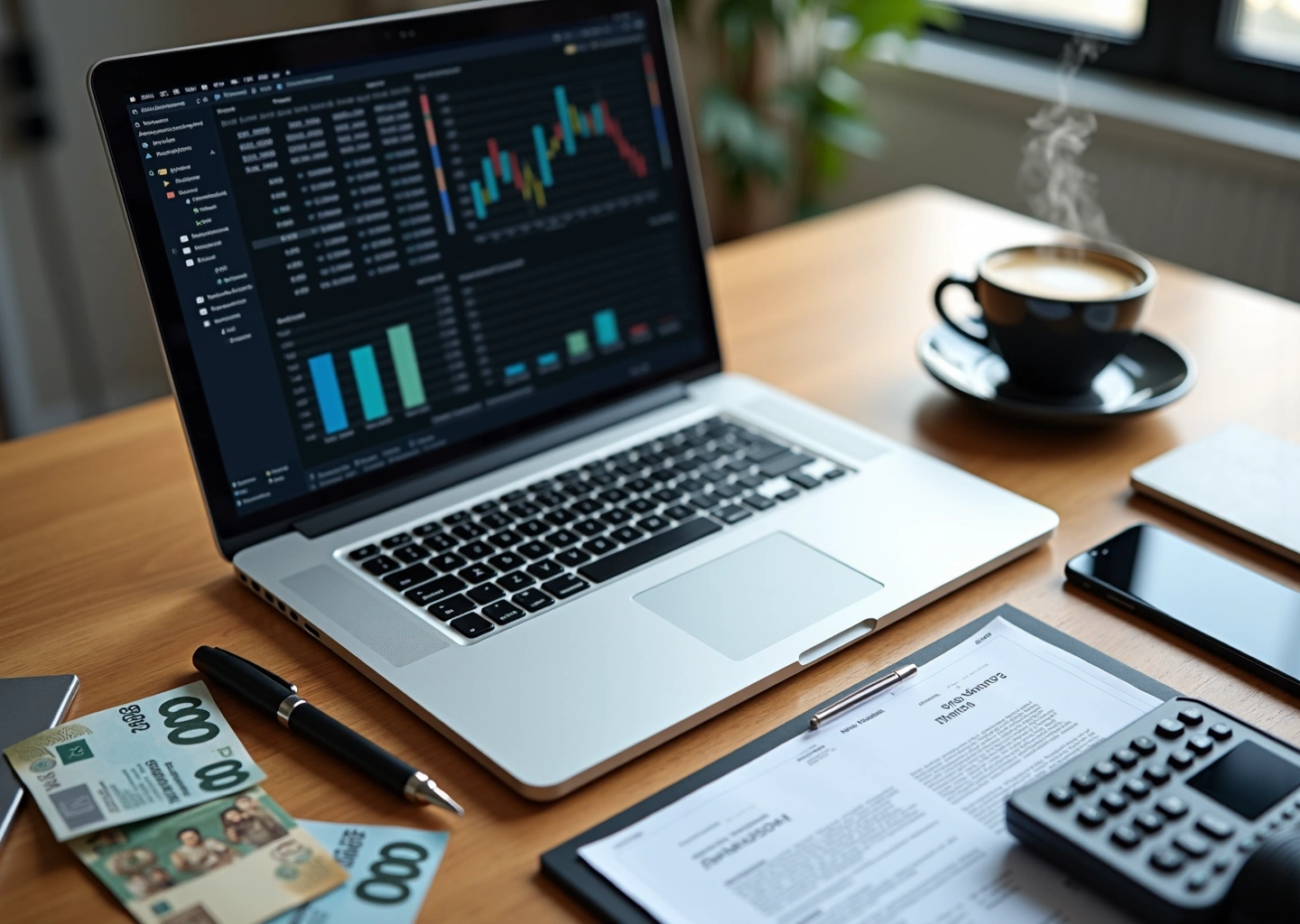 Рабочее место IT‑фрилансера: ноутбук со расчётами ставок, калькулятор, договор и чашка кофе