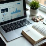 Рабочее место IT‑блогера с ноутбуком, аналитикой просмотров и заметками медиакита, символы денег и чашка кофе