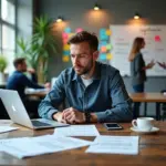 IT‑специалист проверяет идею стартапа без кода: ноутбук, лендинг, скрипты интервью и стикеры с гипотезами на стене