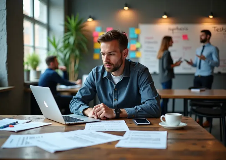 IT‑специалист проверяет идею стартапа без кода: ноутбук, лендинг, скрипты интервью и стикеры с гипотезами на стене