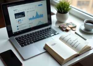 Рабочее место IT‑блогера с ноутбуком, аналитикой просмотров и заметками медиакита, символы денег и чашка кофе