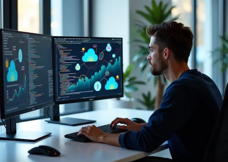 Современный рабочий процесс разработчика API с диаграммами роста и элементами цифровых интеграций