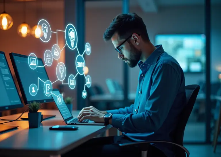 IT-специалист за ноутбуком с иконками фриланса, стартапов и монетизации навыков