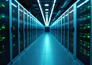 Серверные стойки с мигающими светодиодами в дата-центре, иллюстрирующие аренду серверов и хостинг для Pet-проекта