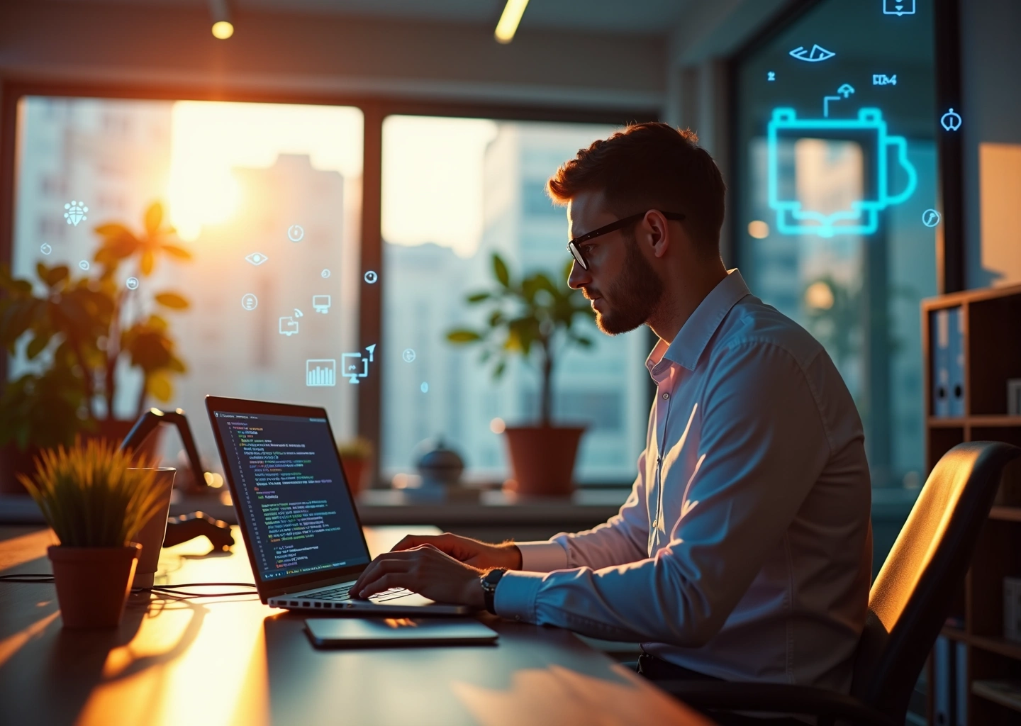 Современный IT-специалист за ноутбуком, окружённый иконками фриланса, стартапов, обучения и цифровых продуктов в технологичной офисной среде России