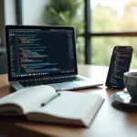 Современное рабочее место IT-специалиста с ноутбуком, смартфоном и блокнотом, символизирующее фриланс, стартапы и монетизацию навыков