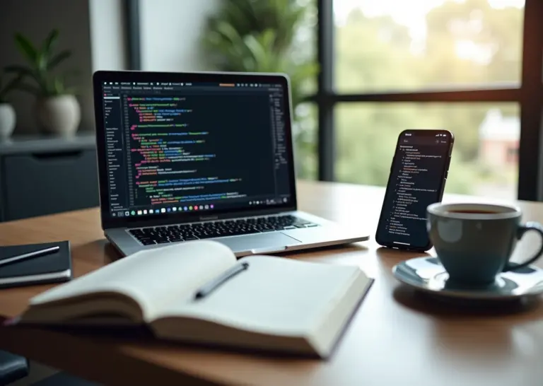 Современное рабочее место IT-специалиста с ноутбуком, смартфоном и блокнотом, символизирующее фриланс, стартапы и монетизацию навыков