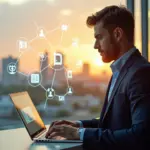 IT-специалист работает за ноутбуком на фоне символов фриланса, стартапов и монетизации навыков