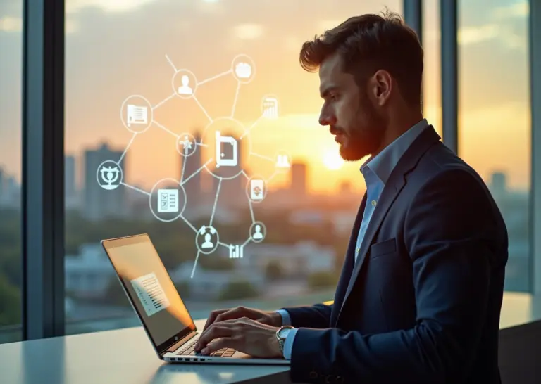 IT-специалист работает за ноутбуком на фоне символов фриланса, стартапов и монетизации навыков