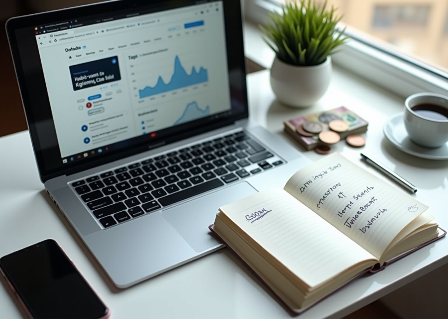 Рабочее место IT‑блогера с ноутбуком, аналитикой просмотров и заметками медиакита, символы денег и чашка кофе